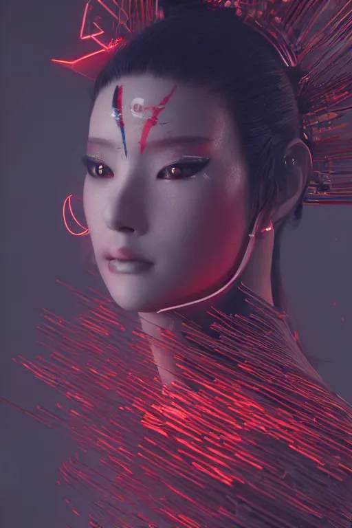 Prompt: A masterpiece portrait of a Incredibly cyberpunk geisha by Ash Thorp and Ikeuchi, red LED lights, extremely beautiful and proportionate face, sharp focus, hyper detailled, octane render, volumetric lightin