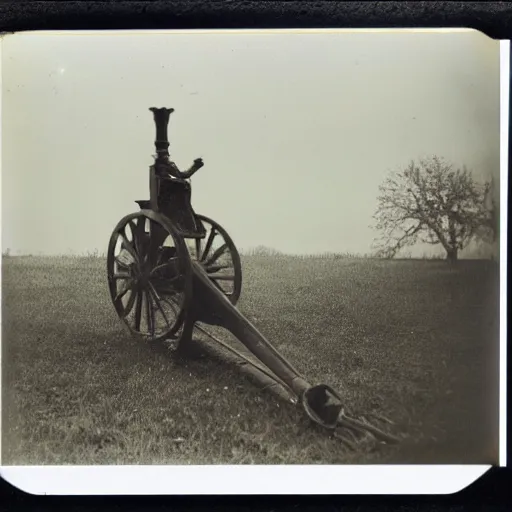 Prompt: polaroid photo of a napoleonic cannon standing on a graveyard.