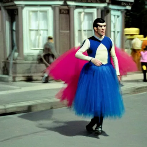 Prompt: color photo of spock in a tutu exiting the tardis