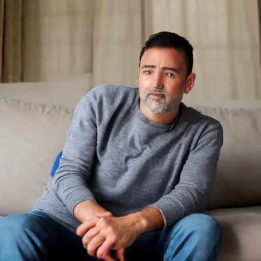 Image similar to 4 0 yo handsome man is sitting gracefully on a sofa