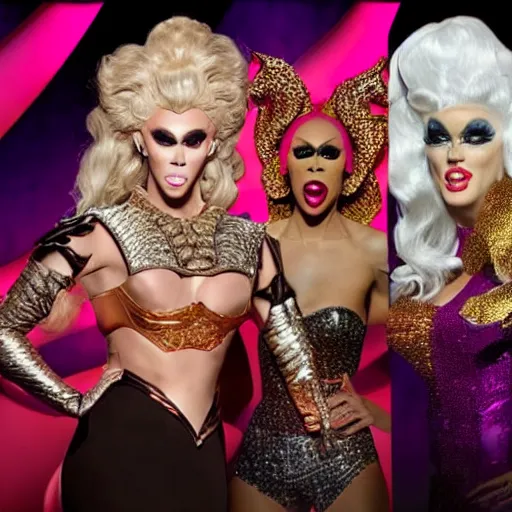 Prompt: rupaul's dragon race, television still, fantasy reality show, dragons, drag queens