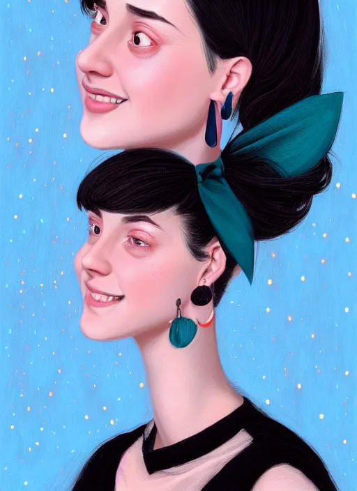 Image similar to portrait of high school girl, realistic, black hair, bangs, half updo hairstyle, pointy nose, skinny, smile, ugly, defined jawline, big chin, teal hair bow, earrings, intricate, elegant, glowing lights, highly detailed, digital painting, artstation, sharp focus, illustration, art by wlop, mars ravelo and greg rutkowski