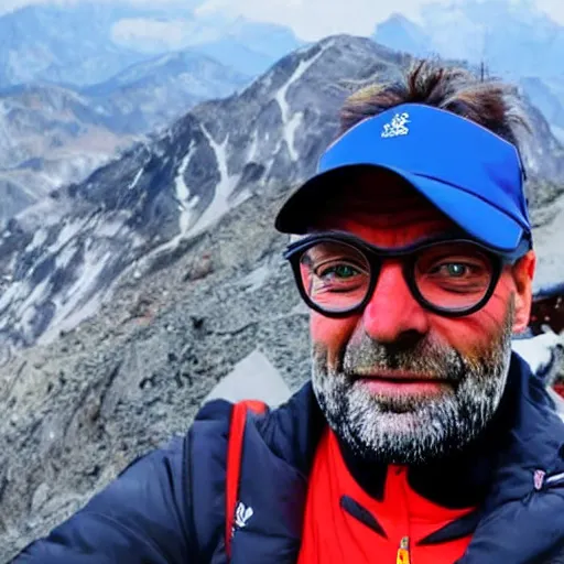 Prompt: jurgen klopp standing atop mount everest taking a selfie, 4 k, photorealistic