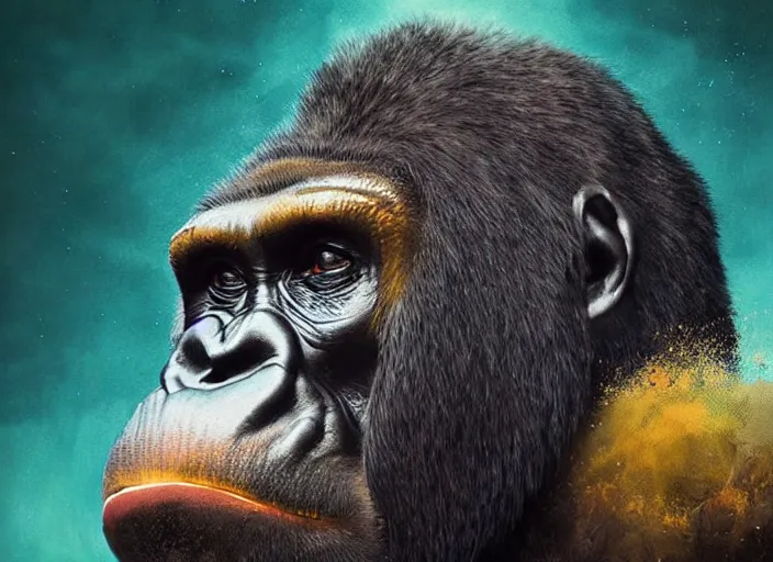 Prompt: Highland gorilla portrait, photorealistic, highly detailed, art by simon stalenhag, raymond swanlad and alberto seveso