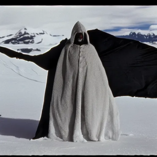 Image similar to a man wearing a long cloak and hood, in antarctica, film still, arriflex 3 5