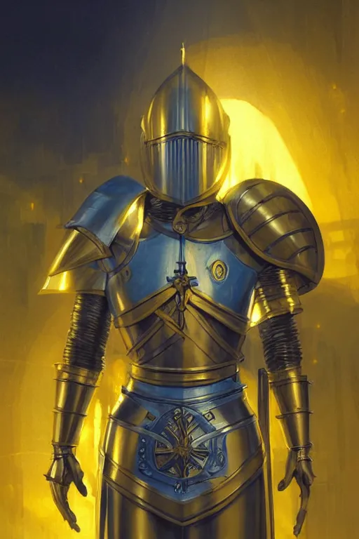 Image similar to medieval knight technological, blue and yellow glow, realistic portrait full body, symmetrical, highly detailed, digital painting, artstation, concept art, smooth, sharp focus, illustration, cinematic lighting, art by artgerm and greg rutkowski and alphonse mucha