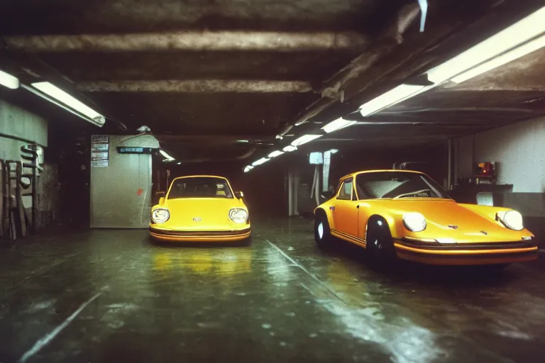 Prompt: a single 1 4 8 0 porsche 9 1 1, inside of a tokyo garage, ektachrome photograph, movie still from bladerunner