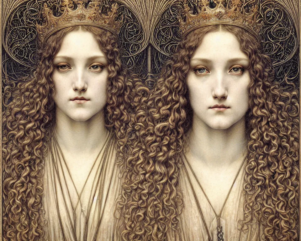 Image similar to detailed realistic beautiful young medieval queen face portrait by jean delville, gustave dore and marco mazzoni, art nouveau, symbolist, visionary, gothic, pre - raphaelite. horizontal symmetry