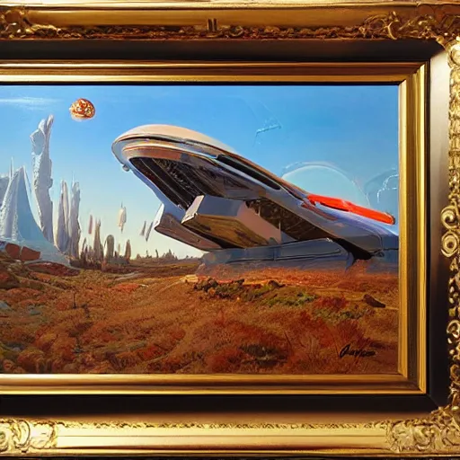 Prompt: painting of syd mead artlilery spaceship with ornate metal work lands in country landscape, filigree ornaments, volumetric lights, simon stalenhag