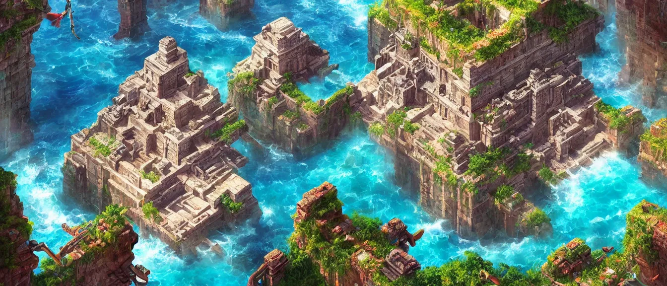 Image similar to dystopian mayan ruins on a colorful ocean, unreal engine, fantasy art by greg, loish, rhads, ferdinand knab, makoto shinkai, lois van baarle, ilya kuvshinov, rossdraws, tom bagshaw, global illumination, radiant light, highly detailed and intricate environment, isometric, trending onstudio ghibli, octane render, 8 k