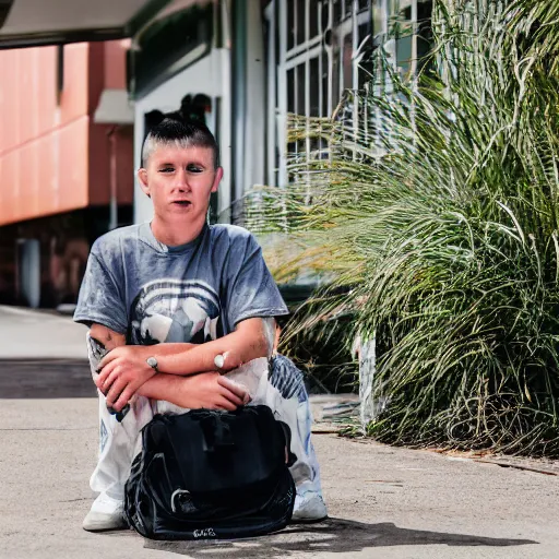 Image similar to A bogan with a mullet haircut waiting for the bus, Canon EOS R3, f/1.4, ISO 200, 1/160s, 8K, RAW, unedited, symmetrical balance, in-frame