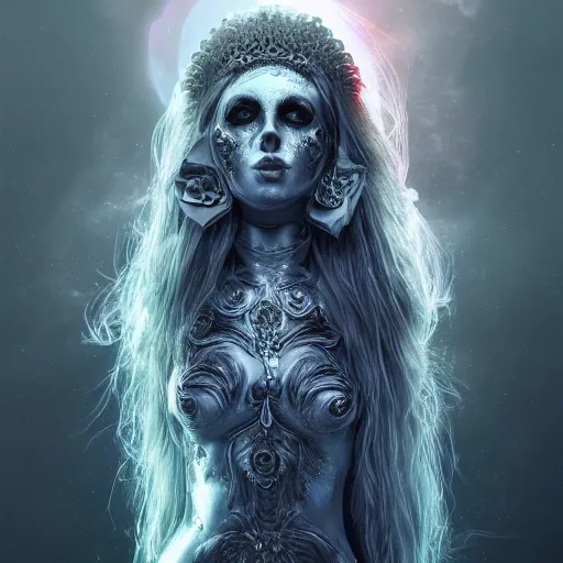 Prompt: photorealistic gothic lunar goddess. hyperdetailed photorealism, 1 0 8 megapixels, amazing depth, glowing rich colors, powerful imagery, psychedelic overtones, 3 d finalrender, 3 d shading, cinematic lighting, artstation concept art