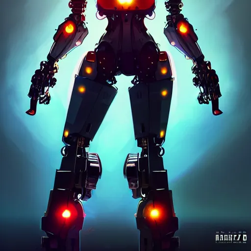 Image similar to a full body character design by artgerm, cushart krenz, ross tran, alphonse mucha. grungy industrial rectangular faceless mech robot wreathed in flame!! bold outline sharp edges. ultra clear detailed. 8 k. elegant, neon colors, dynamic angle, intricate complexity, epic composition, action pose, cinematic lighting masterpiece