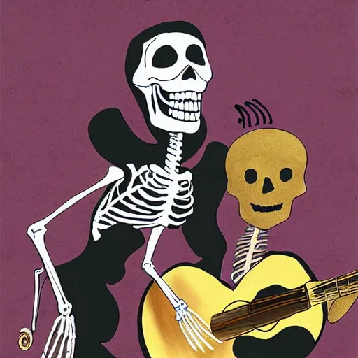 Image similar to skeleton wearing headphones watching girl playing guitar with her black cat standing next to her, digital art