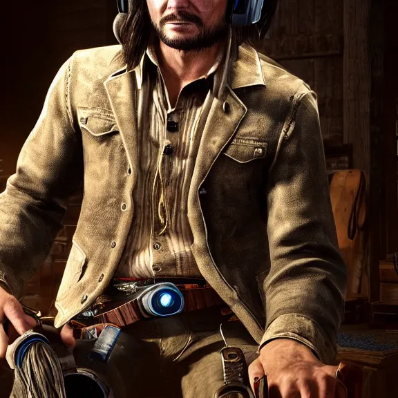 Image similar to john marston playing on a gaming computer in cowboy attire with gaming headphones on in a dimly lit room