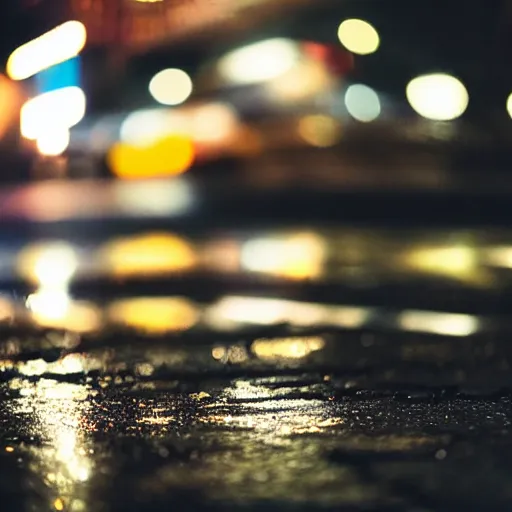 Prompt: night city lights reflecting on wet asphalt, moody photography