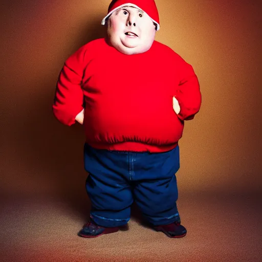 Prompt: a real life photograph of Eric Cartman from South Park. Hyper real, short obese kid with a red coat and a hat, portrait photography, studio lighting