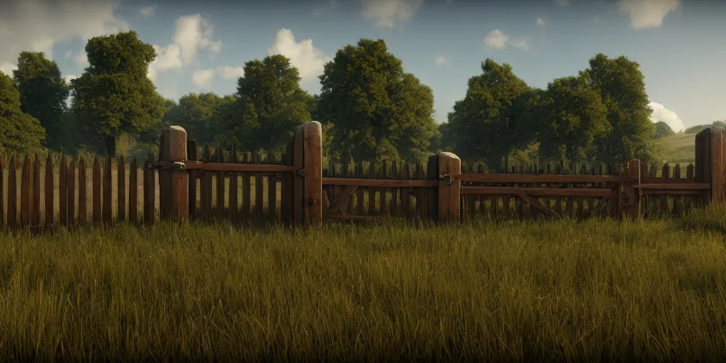 Prompt: Render of a large scale field landscape. single gate as centerpiece. Stylized. Digital art. Medieval. Highly detailed. Unreal engine 5. 8k. Evocative.