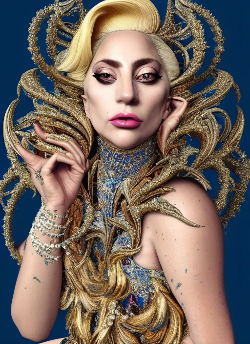 Image similar to lady gaga : : by sandro botticelli : : ornate, dynamic, particulate, rich colors, intricate, elegant, highly detailed, vogue, harper's bazaar art, fashion magazine, smooth, sharp focus, 8 k, octane render,