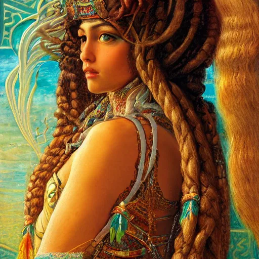 Image similar to artstation, intricate details, hyper details, by gaston bussiere and sandro botticelli, tan skin sumerian mystic lady of elche, egyptian sumerian features, techno mystic princess intergalactica, with aqua neon rapunzel dreadlocks,