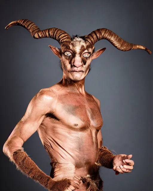 Image similar to actor Roddy McDowell in Elaborate Pan Satyr Goat Man Makeup and prosthetics designed by Rick Baker, Hyperreal, Head Shots Photographed in the Style of Annie Leibovitz, Studio Lighting