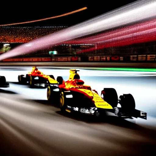 Prompt: formula 1 racing long exposure under night lights huge crowds hyperrealistic award - winning photography nikon