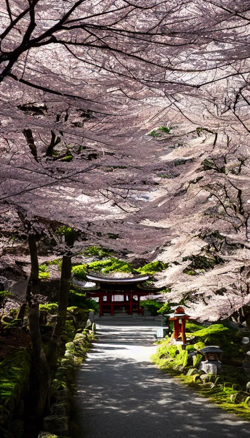 Image similar to a shinto shrine path atop a mountain,spring,cherry trees,beautiful,nature,distant shot,random angle