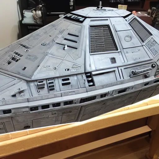 Image similar to a Star Wars imperial destroyer, huge, lot of details, greebles and nurnies and activity lights, symmetrical, realistic