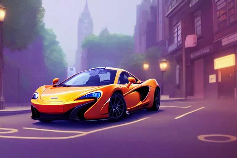 Prompt: a wholesome animation key shot of!! one!! focused!! mclaren!!! p 1!!, shiny deep orange, in a misty london street, wide shot, studio ghibli, pixar and disney animation, sharp, very detailed, high resolution, rendered in unreal engine 5, anime key art by greg rutkowski, bloom, dramatic lighting