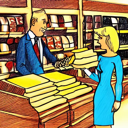 Image similar to drawing of a rich blonde woman buying bread in a supermarket