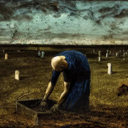 Prompt: one man in a cemetery digging up a dead body, by nicola samori, painting, 8 k, high detail, blue, orange, and dark green tones, high quality, sad feeling, high detail, dark colors, sinister atmosphere, dramatic lighting, cinematic, establishing shot, extremely high detail, photo realistic, cinematic lighting