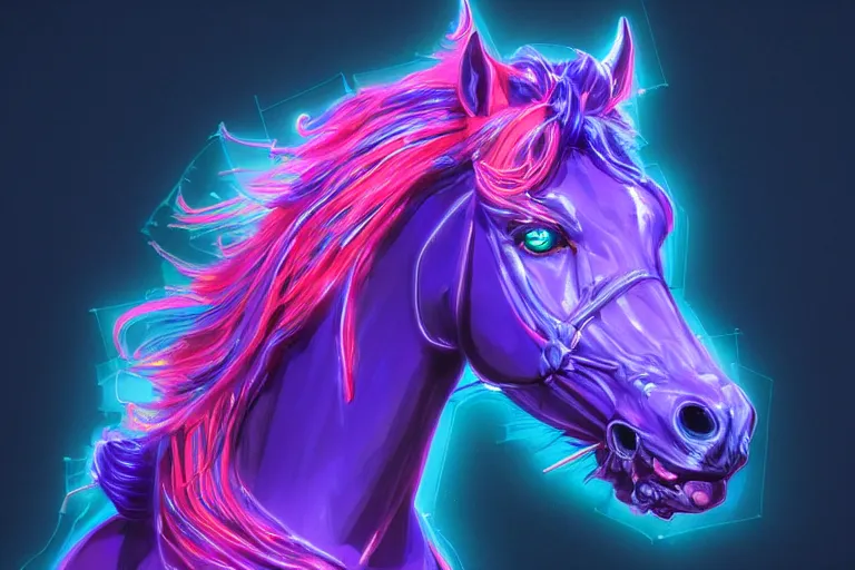 Image similar to a stunning horse with bioluminescent mane and tail by sandra chevrier and greg rutkowski, neon hooves, purple blue color scheme, vaporware, retro, outrun, high key lighting, volumetric light, digital art, highly detailed, fine detail, intricate, ornate, complex, octane render, unreal engine, photorealistic