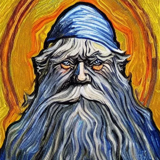 Image similar to A painting of Gandalf the Grey, painting, van gogh art style