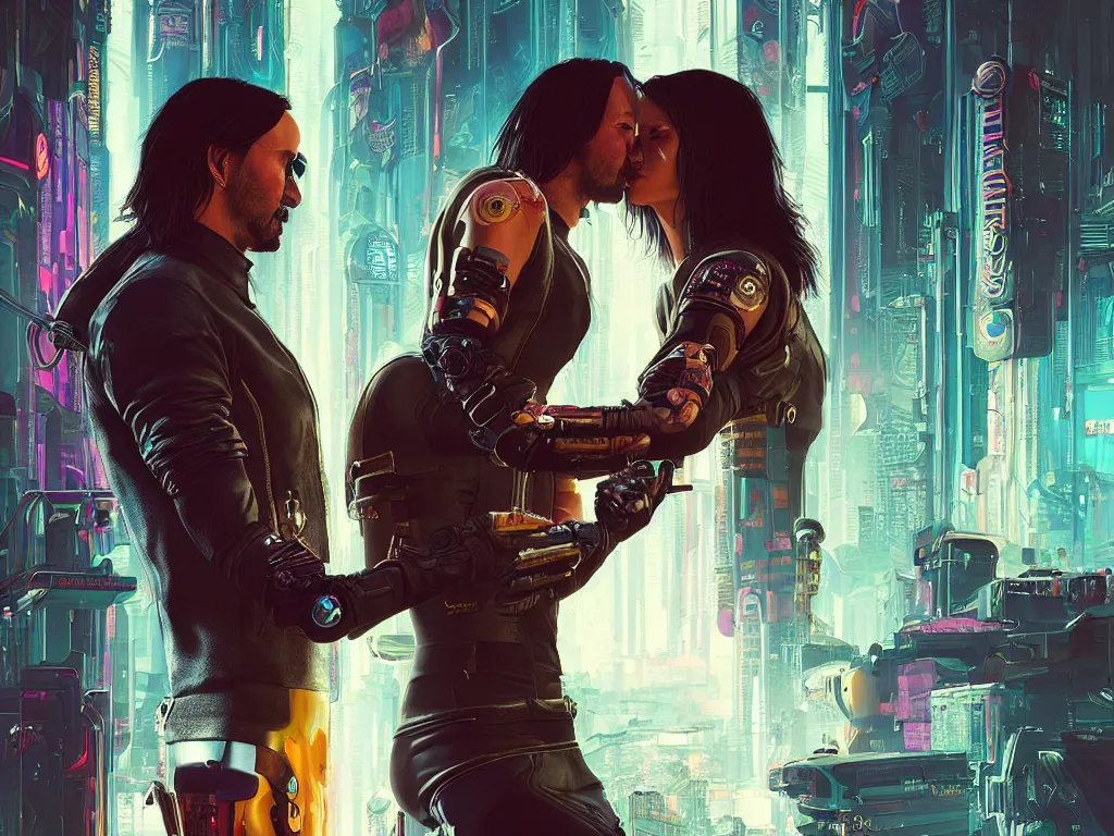 Image similar to a cyberpunk 2077 srcreenshot couple portrait of a Keanu Reeves and a female android final kiss,love,film lighting,by Laurie Greasley,Lawrence Alma-Tadema,Dan Mumford,John Wick,Speed,Replicas,artstation,deviantart,FAN ART,full of color,Digital painting,face enhance,highly detailed,8K,octane,golden ratio,cinematic lighting