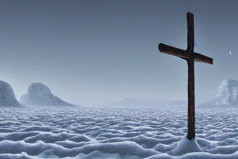 Image similar to a cross on a snow covered field, landscape inspired by salvador dali, a matte painting by li shida, cgsociety, context art, redshift, matte painting, reimagined by industrial light and magic