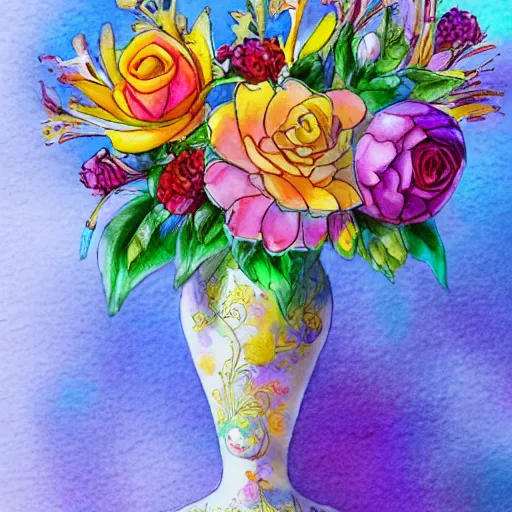 Image similar to a porcelain vase with a colorful and beautiful flower arrangement. very stylize and delicate watercolor and pencil drawing. beautiful lighting, 4 k post - processing, trending in art station, cg society, highly detailed, 5 k extremely detailed, 3 d. cinematic scene.