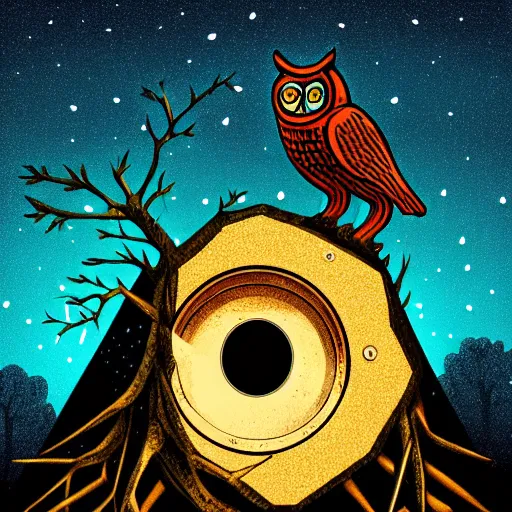 Image similar to mechanical owl inside a hole in a tree, red eyes glowing, night sky with full of stars, in the middle of forest, illustration, 2 d style, hand drawn, realistic style, futuristic, cinematic lighting, high key lighting, high contrast, golden ratio