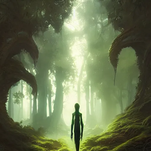 Image similar to green creature with long fingers disguised as a human, unreal engine, fantasy art by greg rutkowski, loish, rhads, ferdinand knab, makoto shinkai and lois van baarle, ilya kuvshinov, rossdraws, tom bagshaw, global illumination, radiant light, detailed and intricate environment