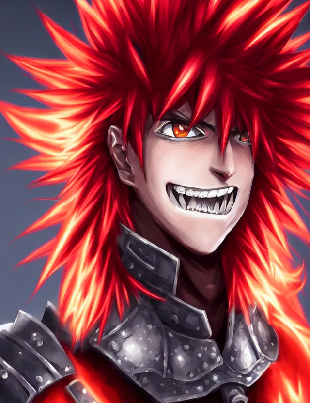 Image similar to a detailed manga portrait of an attractive tall boy with spiked crimson hair and a menacing smile in fiery crimson crystalline armour, trending on artstation, digital art, 4 k resolution, detailed, high quality, sharp focus, hq artwork, coherent, insane detail, character portrait