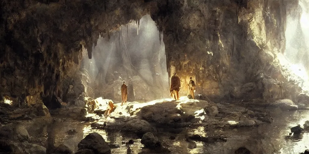 Image similar to beautiful oil painting, high details, a cave full of gold and diamonds, a true cavern of ali - baba by anders zorn, wonderful masterpiece by greg rutkowski, beautiful cinematic light, american romanticism, by giger