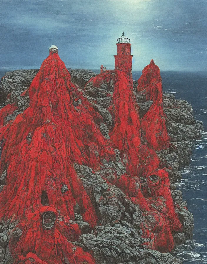 Prompt: worshippers in red robes belonging to the cult of the lighthouse clambering out of the water onto the rocky shore at the base of the light house, walking into the entrance of the light house, high detailed beksinski painting, part by adrian ghenie and gerhard richter. art by takato yamamoto. masterpiece, deep colours, blue