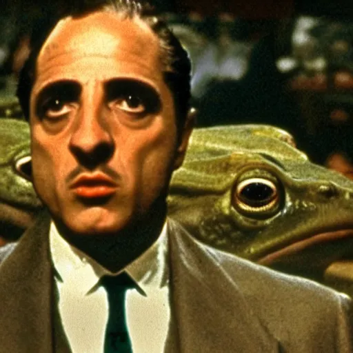 Image similar to frog heads in a film still from the godfather, cinematic