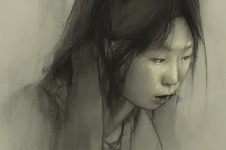 Image similar to a sad japanese lady by jeremy mann - graphite sketch