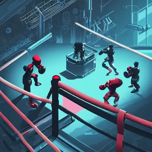 Image similar to a beautiful highly detailed vector illustration close up of a boxing match with robots in a factory, punk styling by atey ghailan, cliff chiang, loish and goro fujita, silver, silver, brown, black, blue and cyan tones, featured on artstation, featured on behance, grunge aesthetic