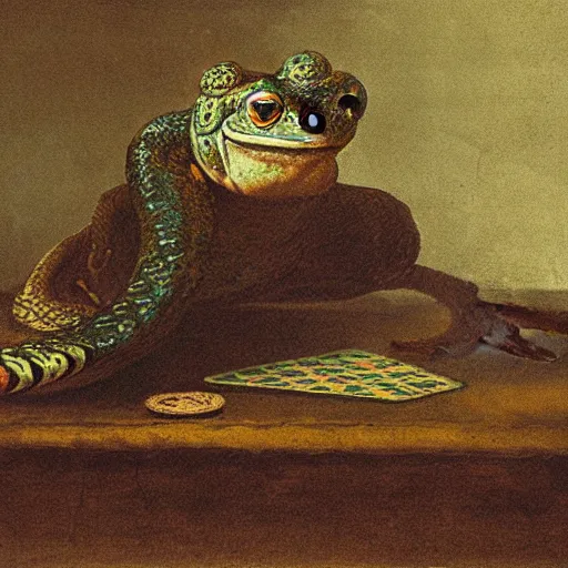 Prompt: a painting of a macabre snake and a frog playing cards by rembrandt van rijn