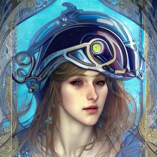 Prompt: realistic detailed face portrait of female ice hockey player with high tech helmet and blonde hair by Alphonse Mucha, Ayami Kojima, Amano, Charlie Bowater, Karol Bak, Greg Hildebrandt, Jean Delville, and Mark Brooks, Space Nouveau, Neo-Futuristic, cyberpunk, rich deep moody colors