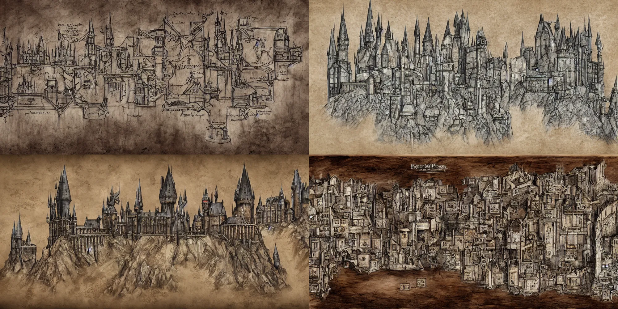 Prompt: concept art from harry potter movies, schematic map of hogwarts rooms, with names, mischief managed, marauders map, ink painting on realistic ripped leather, octane render, 8 k