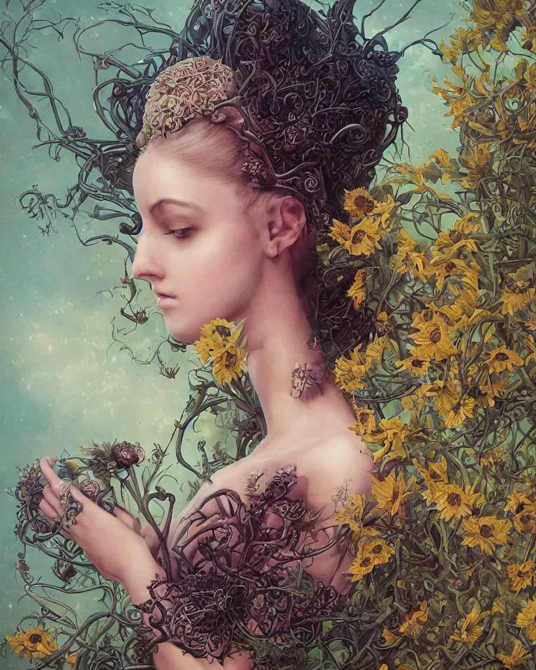 Prompt: centered beautiful detailed side view profile portrait of a young and beautiful woman, ornate sunflowers growing around, ornamentation, thorns, vines, tentacles, elegant, beautifully soft lit, full frame, by wayne barlowe, peter mohrbacher, kelly mckernan, h r giger