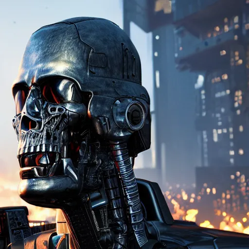 Prompt: highly detailed portrait of a terminator with borg enhancements, 8k. There is a dystopian city in the background. Rendered with unreal 5 engine with ray tracing and tessellation