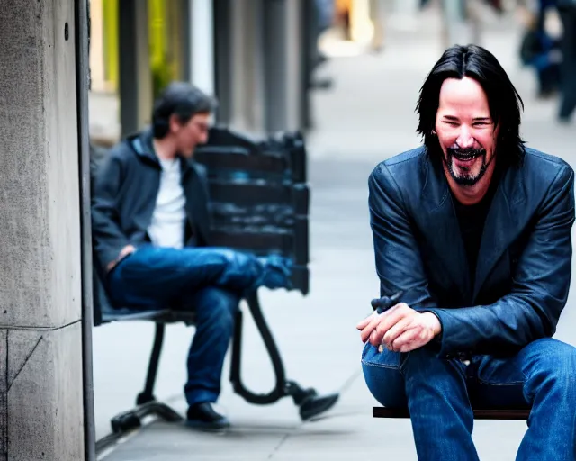 Image similar to 5 5 mm photo of happy keanu reeves in blue jeans and black jacket sitting on a bench in the street. dof. lifelike. ultra detailed. intricate. soft light. nikon d 8 5 0.